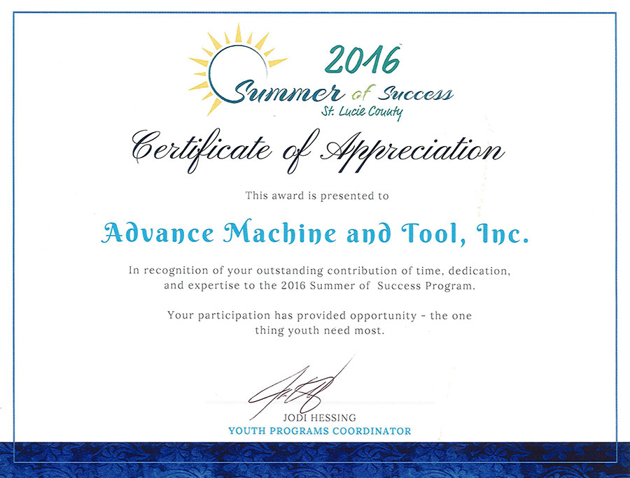 St. Lucie Summer of Success 2016 Award – Advanced Machine and Tool